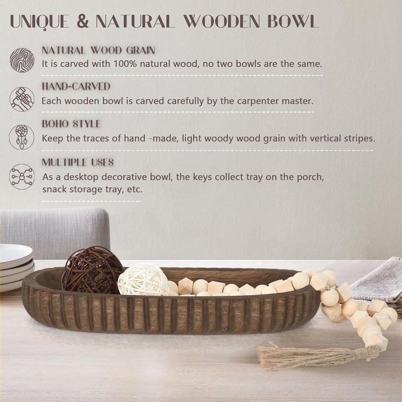Oakrain Wooden Decorative Bowl for Home Decor, 16" Rustic Dough Bowl with Hand Carved Vertical Stripes, Long Wood Tray for Table Centerpieces, Brown - Image 4
